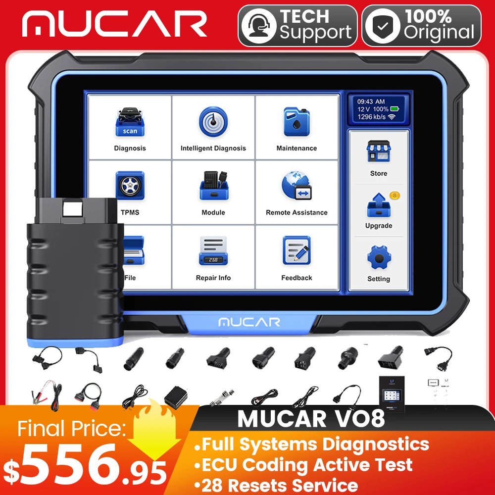 MUCAR VO8 OBD2 Scanner Wireless Bidirectional Scan Tool/Active Test ECU Coding 34 Reset Services, All System Diagnostic 64G