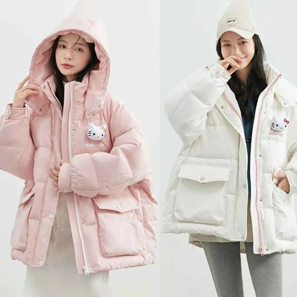

Kawaii новый зимний пуховик «Hello Kitty» женский Sanrio аниме утепленная теплая одежда с капюшоном студенческое трендовое пальто куртка на хлопковой подкладке