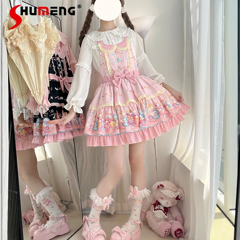 

Japanese Sweet Lolita Pink Sling Dress JSK Soft Girls Kawaii Cute Bow Print Sleeveless Mini Birthday Dress Y2K Princess Dress