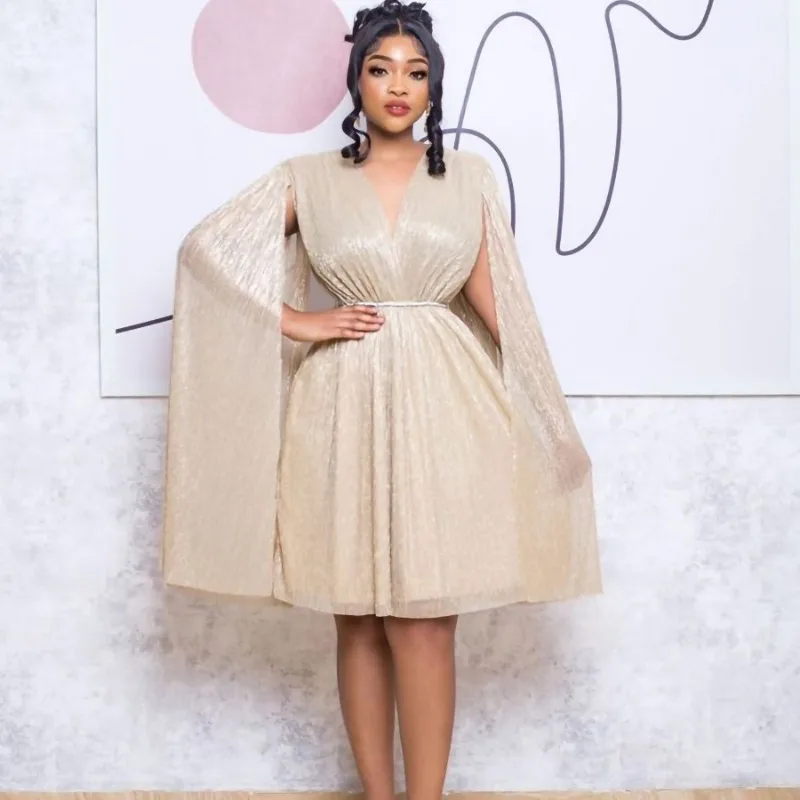 Elegante ruches formele feestmantel mini-jurken dames sexy geplooide v-hals split lange mouw club avondje uit trouwjurk