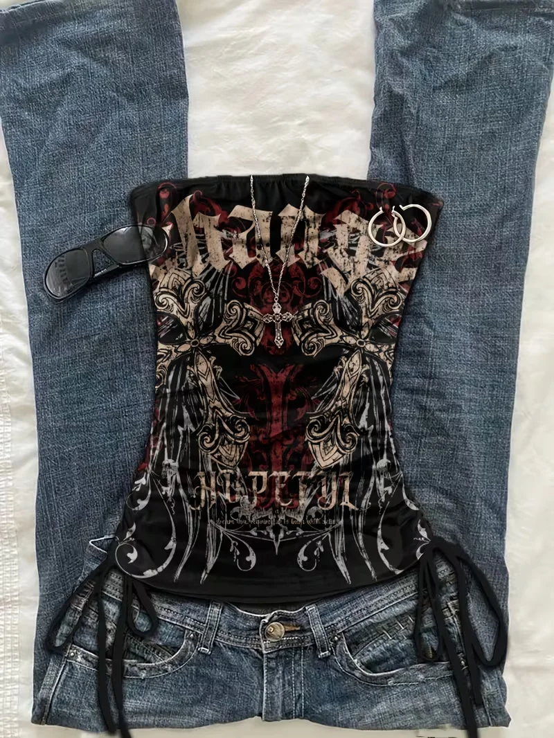 top corto, canotta stampata retrò slim fit per le vacanze estive alla moda da donna