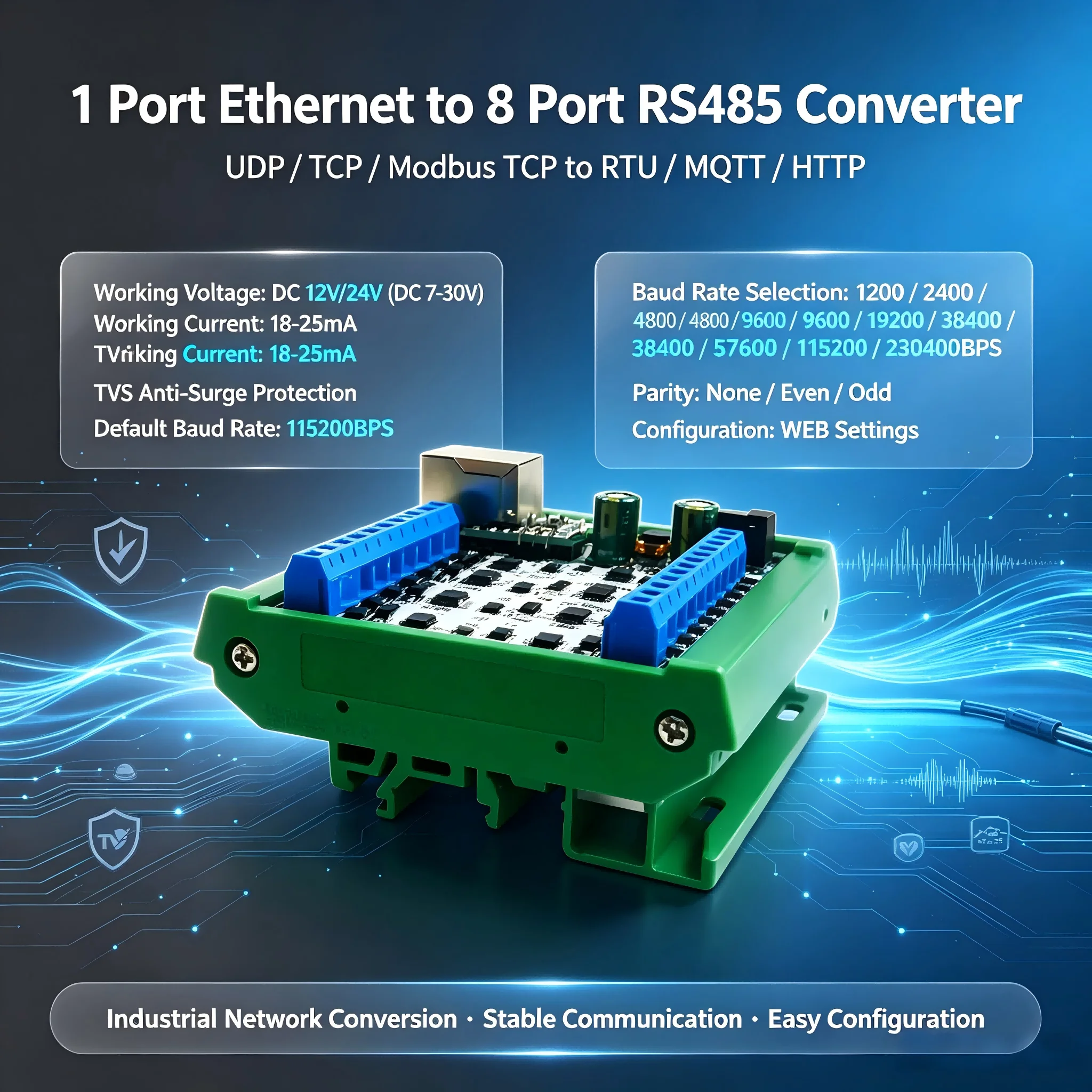 8-Channel Ethernet Network RS485 HUB Converter for PLC Configuration Software - Network Communication Module DC12-24V