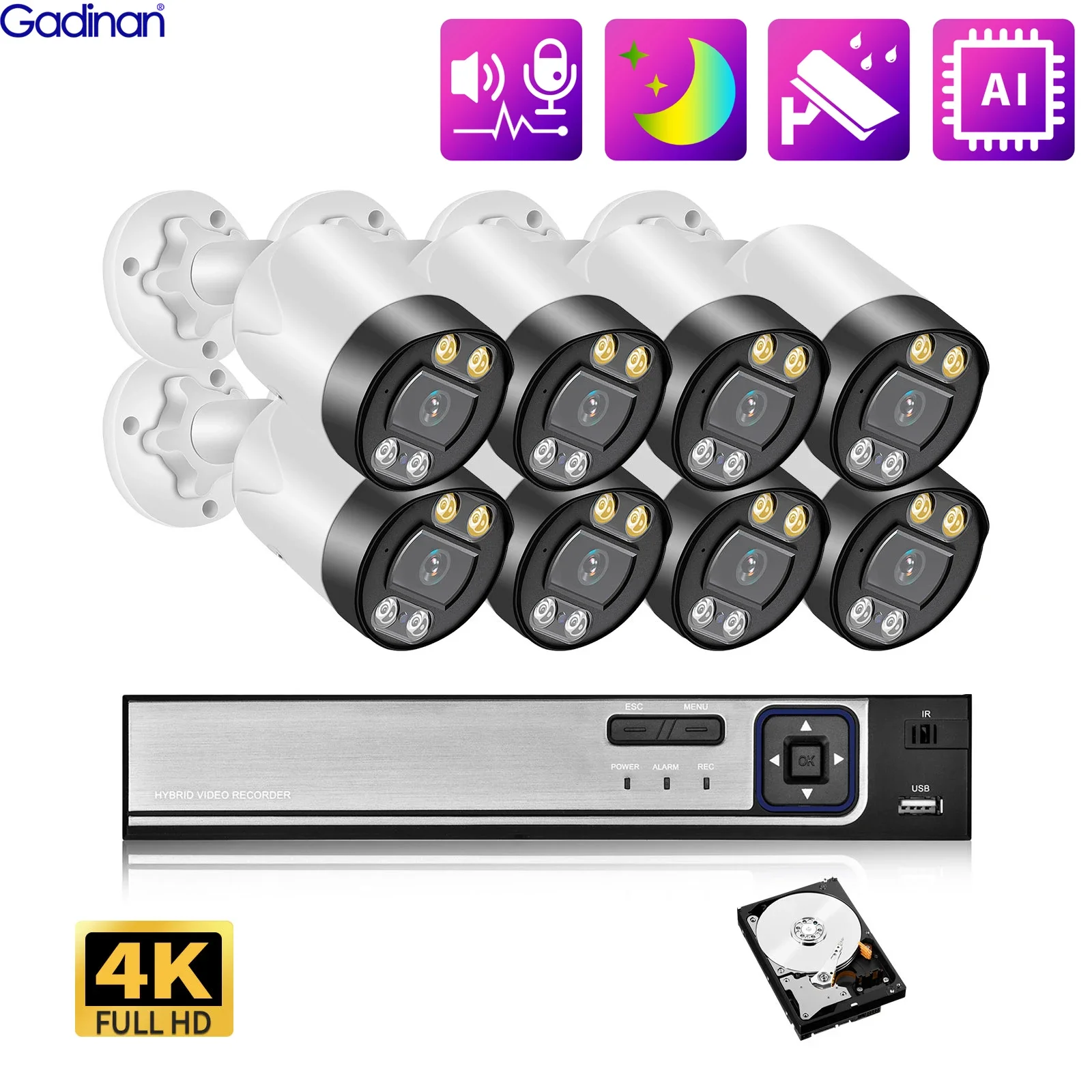 Gadinan 8MP 4K CCTV Security Cameras System 8CH Video Surveillance Kit Home Outdoor Two Way Audio IP Camera POE NVR Recorder Set