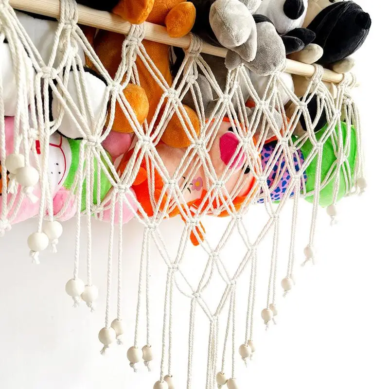 Stuffed Animal Net Hammock Double Layer Woven Toy Net with Tassels Corner Hanging Mesh Children\'s Plush Toy Storage Net Bag