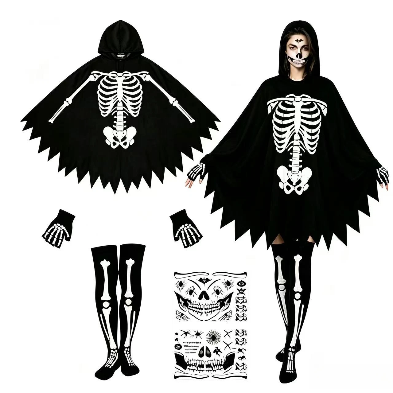 Halloween Skeleton Costume for Women Skull Hooded Cloak Fancy Dress Cosplay with Gloves Stocks Face Sticker Holiday Party Outfit