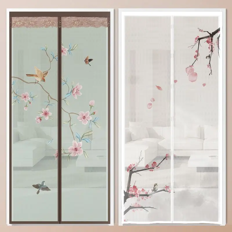 Chinese Style Printed Summer Magnetic Mesh Door Curtains Kitchen Living Room Free Installation Anti-mosquito Partitions Curtains