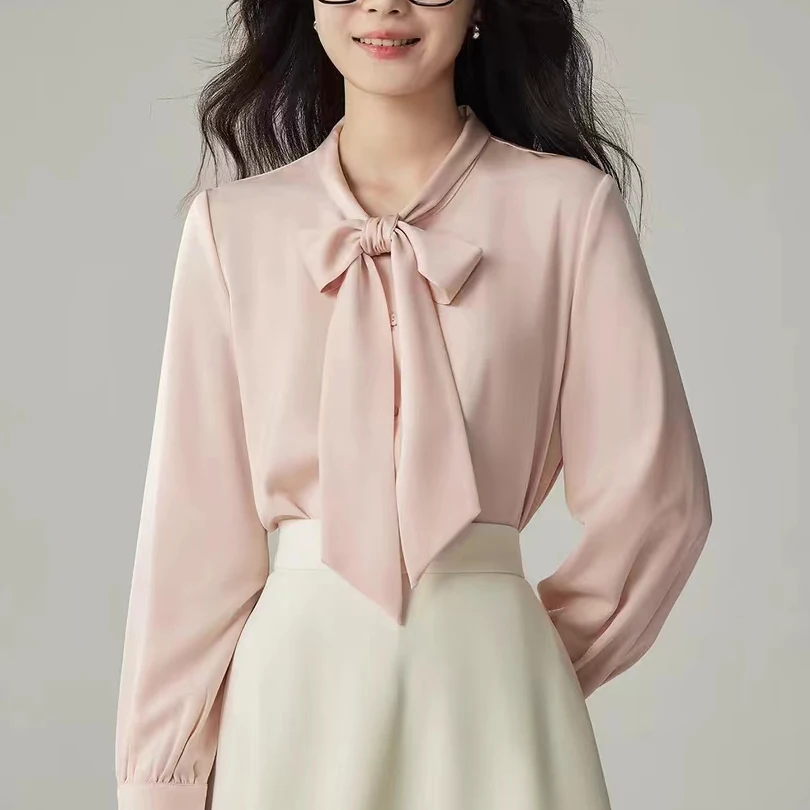 

Spring Autumn Elegant Satin Pink Women's Bow Blouse 2025 New Long Sleeve Turn-down Collar Korean Loose Office Shirts Female
