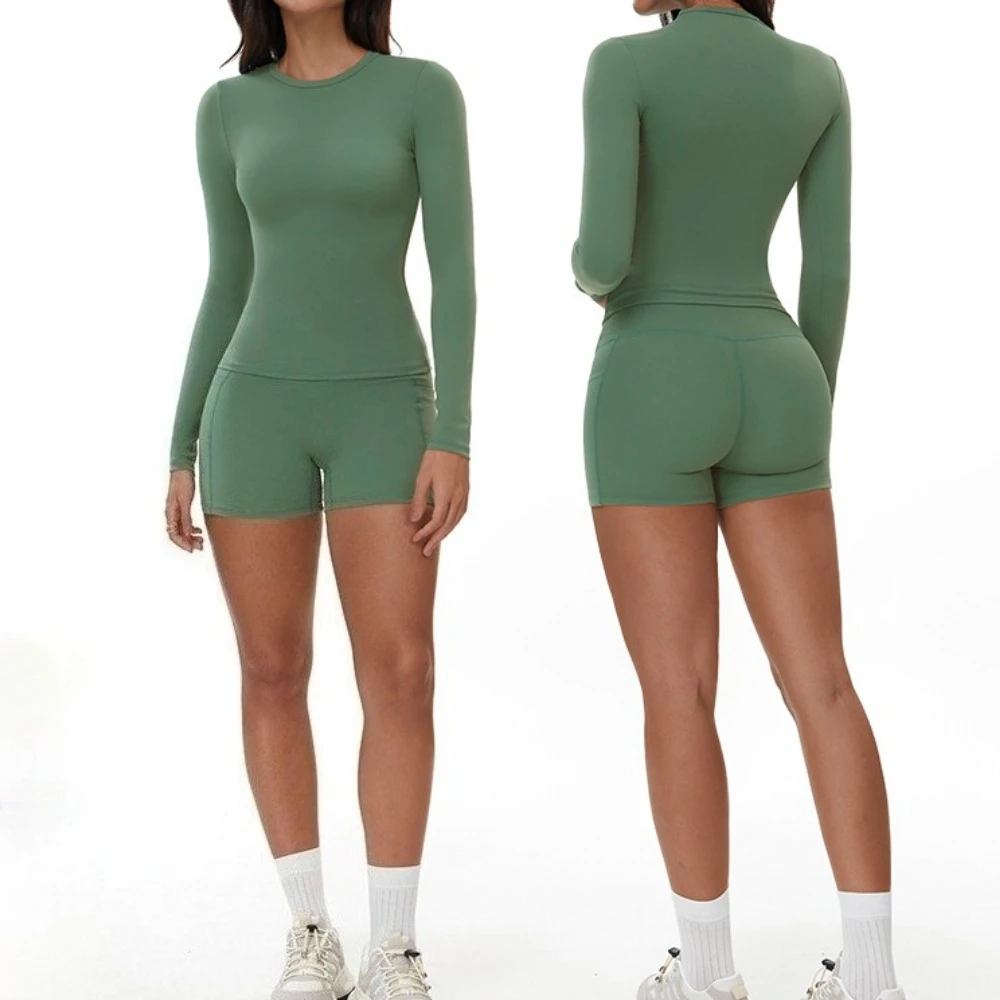 

Long Sleeve Shorts Yoga Sets 2 Pieces Sportswear Seamless O Neck T-Shirt Sports Suit For Women Gym Running Fitness Tracksuits