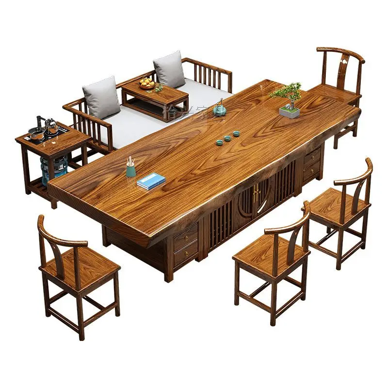 

Log whole board solid wood tea table and chair combination new Chinese office tea table tea table integrated