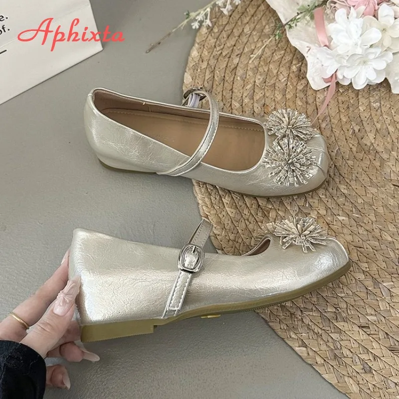 Women Square Toe Mary Jane Flat Shoes 2026 Summer Floral Decor One Strap Buckle Ladies Shoes Elegant Sweet Office Dress Footwear view 6