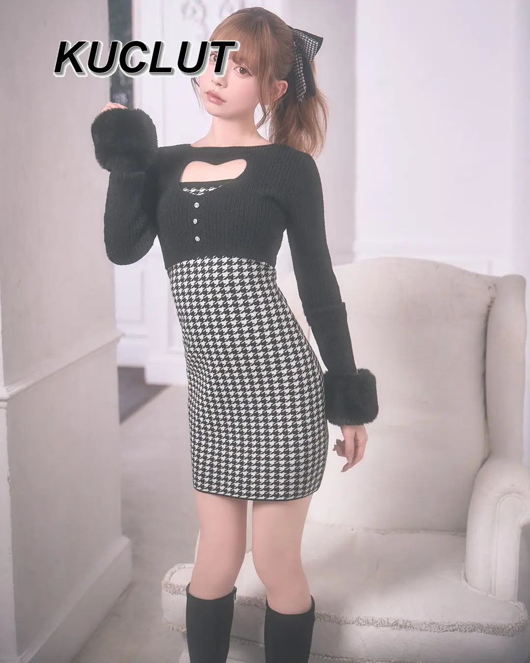 النمط الياباني Houndstooth المرقعة فستان قصير غير رسمي المرأة الجوف خارج محبوك فساتين طويلة الأكمام للنساء ربيع الخريف