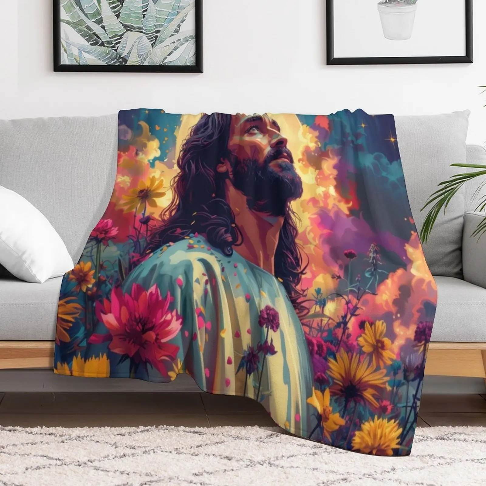 Jesus Sticker Christian Print Oil Painting Jesus Shirt Abstract Home Christian Wall Print Sunlit Jesus Series Throw Blanket