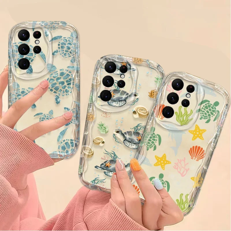 Summer Cartoon Ocean Turtle Case For Samsung Galaxy S24 Ultra S23 S22 Plus S21 S20 FE A25 A55 A35 A15 A16 A05 A05S A06 3D Cover