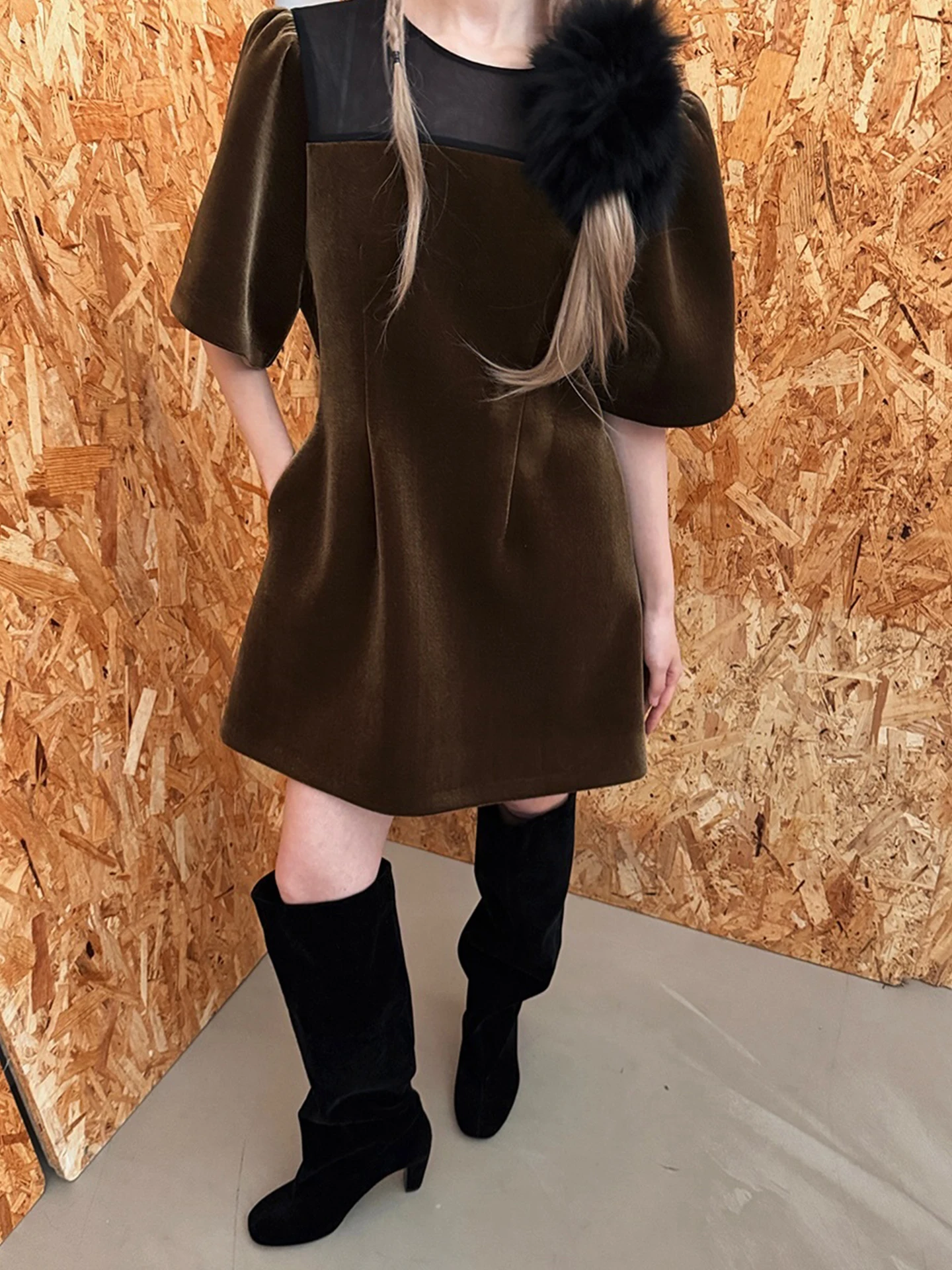 エレベルベット ミー Aライン ドクターレディース 早春 スリム ハイウエスト バブルスリーブ スプライス パーセプション 通勤 スレ