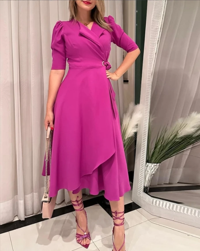 

Dress V-neck fluffy sleeves ruffled waist drawstring mid waist dress