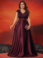 Vestido de Noche Elegante de Talla Grande con Cuello en V y Lentejuelas Rojas, Vestido Largo de Lujo para Mujer, Sin Mangas, de Satén, para Fiesta, Graduación, Cóctel
