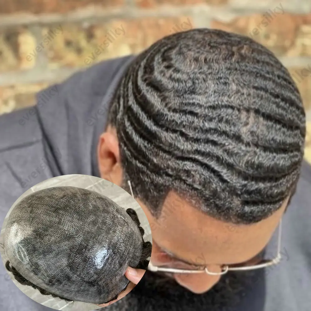 10mm Afro 360 Wave Braun-Schwarz Herren Lockige Frisuren Langlebiges Vollhaut-Toupet 1b80 Grau Echthaar-System Haarersatz – Detail 1