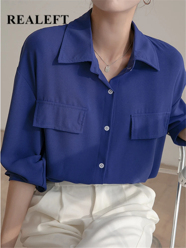 

REALEFT Blue Turn-down Collar Cotton Women's Blouse 2022 New Autumn Casual Loose Female Blouse Tops Classic Workwear Shirts