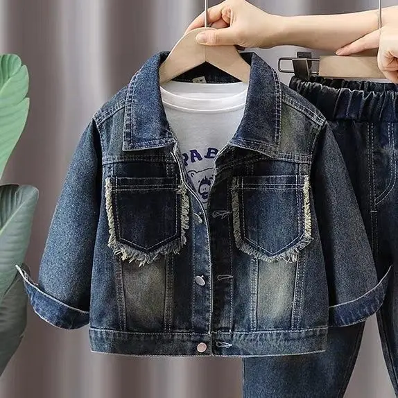 Boys' Denim Suit Spring Outfit 2025 Spring Autumn New Style Children's Western-style Jacket Boys' Fashionable Explosion
