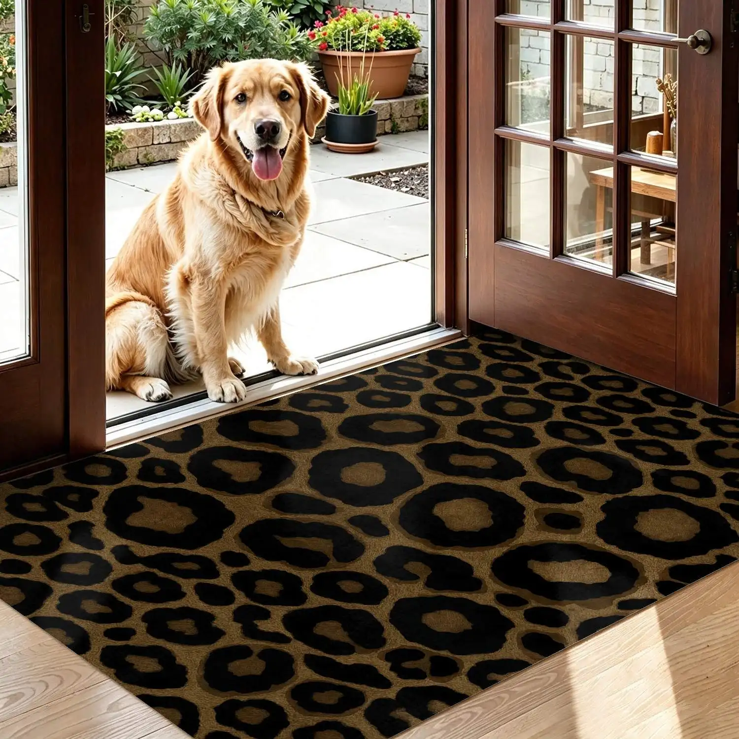 1Pc 2D Printed Brown&Black Leopard Pattern Carpets: Nordic, Modern Minimalist, Vintage Geometric Striped Styles Home Decor, Multi-Size, Machine Washable. Ideal for Entrance/Dining Room/Foyer/Living Room/Bedroom Mats.
