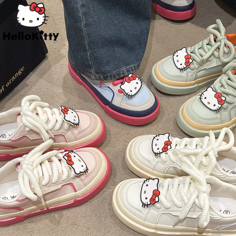 Sanrio Kawaii Hello Kitty Round Head Canvas Shoes Women Fashion Casual Shoes Y2k Girls Preppy Sneaker Breathable Sport Shoes New