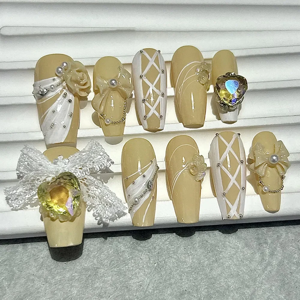 10pcs 3D Yellow Rose Bow Yellow Handmade Press On Nails Lace Bow Pearls Love Diamonds Fake Nails Elegant Cute Ballet Nail Art