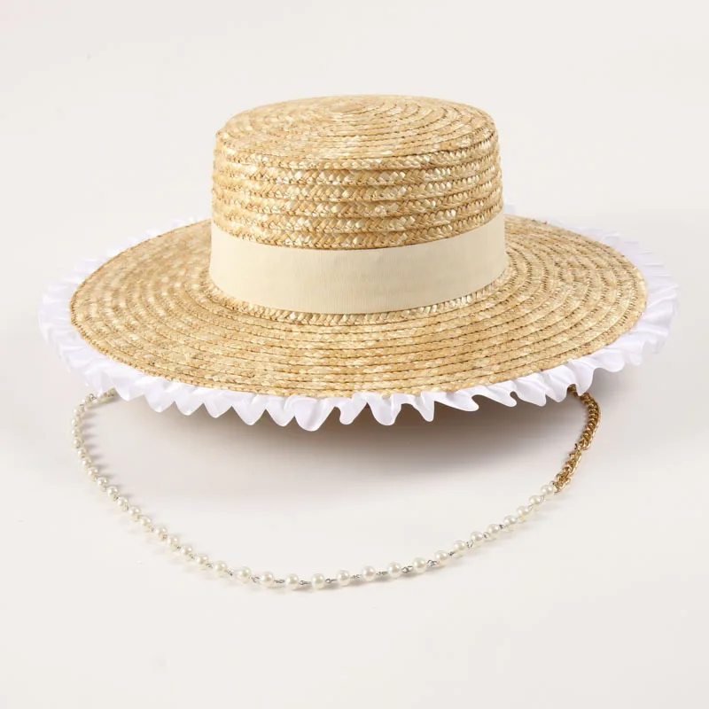 

Spring Summer Wide Brim Pearl Chain Necklace Straw French Vacation Beach Hat French Style Sunshade Woman Sun Hats