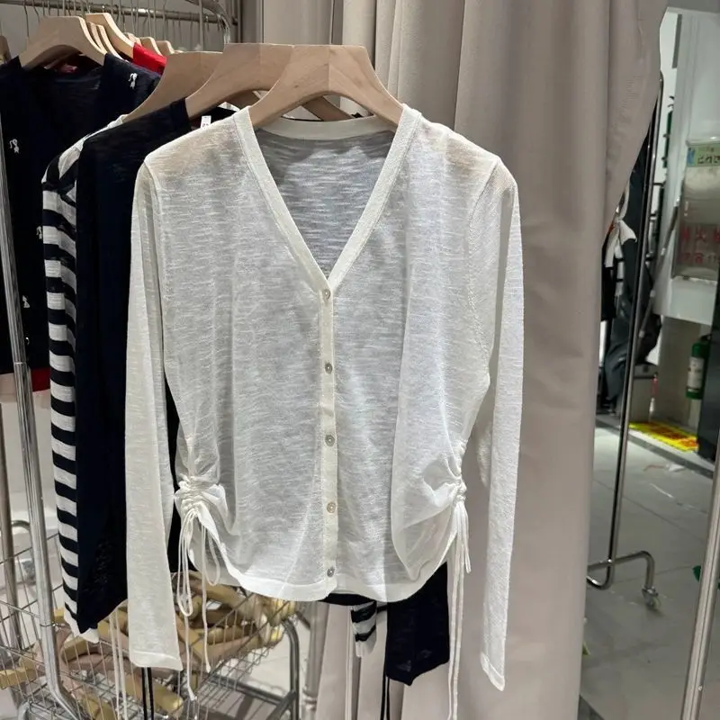 White V-Neck Knitted Long Sleeve Slimming Cardigan Women's Fashion Summer Anti-Uv Light Weight Drawstring Trendy T-Shirt