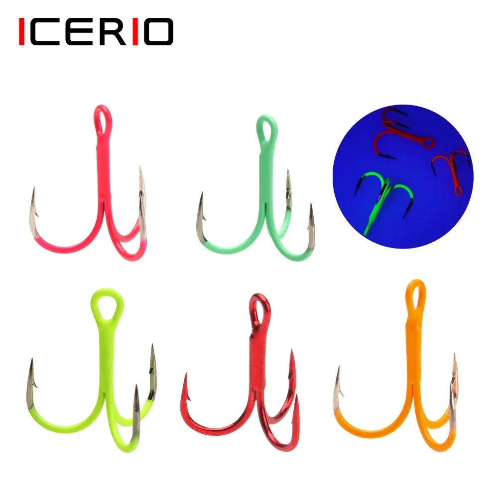 ICERIO  5/10pcs 14#-3/0# Fluorescent/Luminous Round Bent Inline Treble Hooks Saltwater Freshwater Fishing Lure Bait Triple Hook