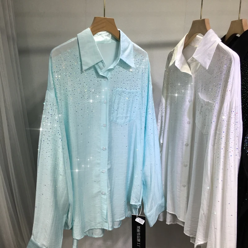 Summer Cool Sunscreen Clothing Women Spring Loose Cardigans Top Mid-long Shiny Hot Drill Long Sleeve Blouses Beads Casual Shirt