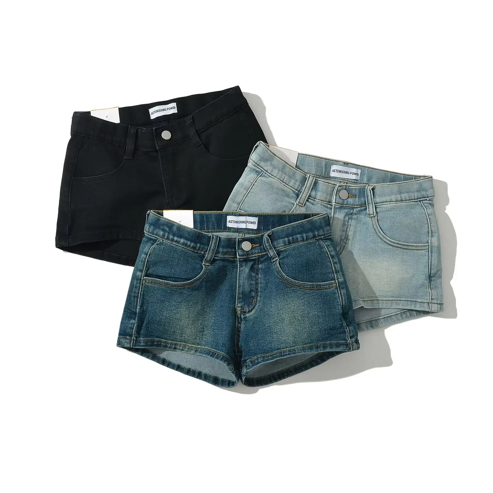 

Spicy girl low waisted denim shorts for women in summer 2025 American style tight elastic line waist slim wrapped hip hot pants
