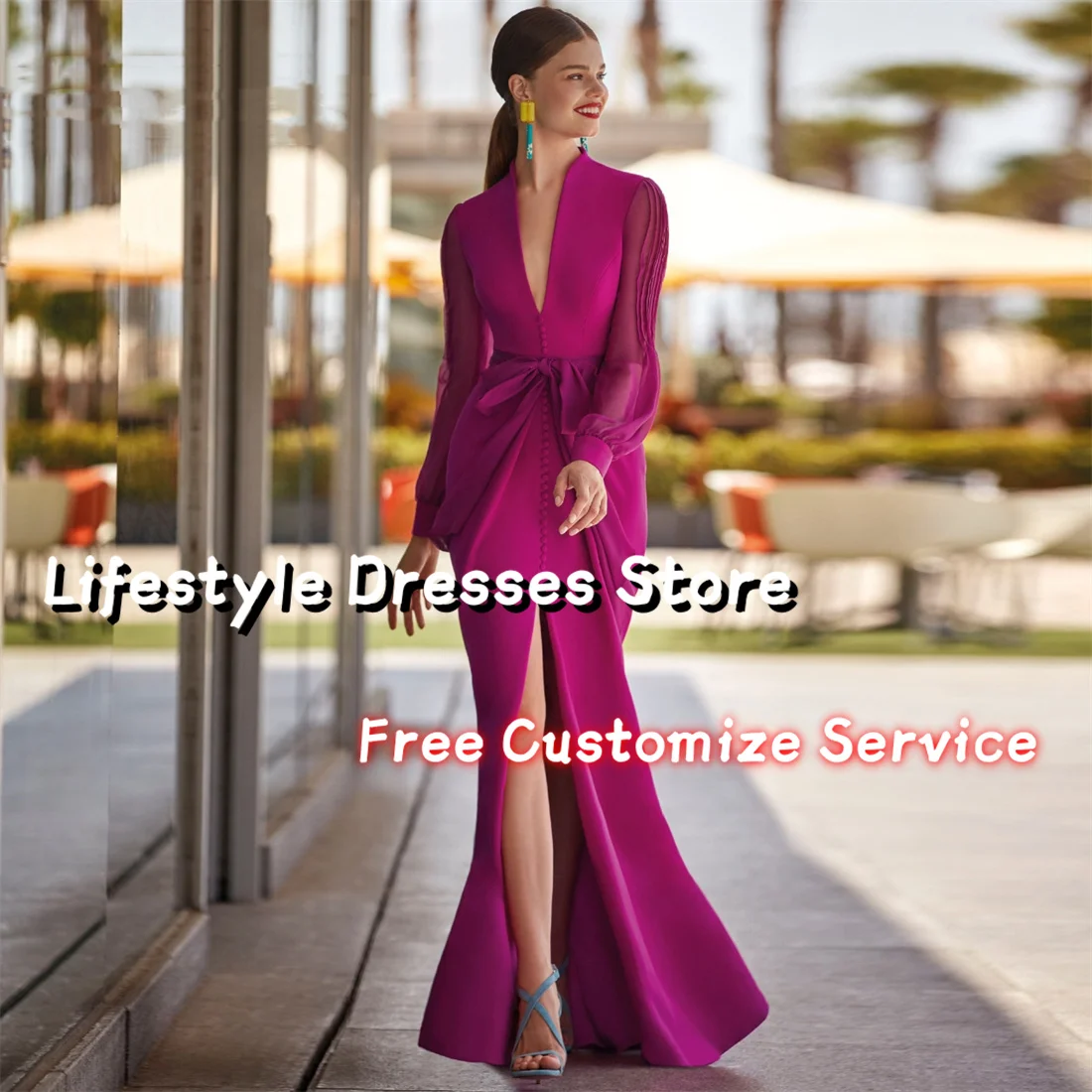 V-Neck Puff Long Sleeve Evening Dress Front Slit Mother Of The Bride Dresses Wedding Guest Party Gown elegantes 2024 juveniles