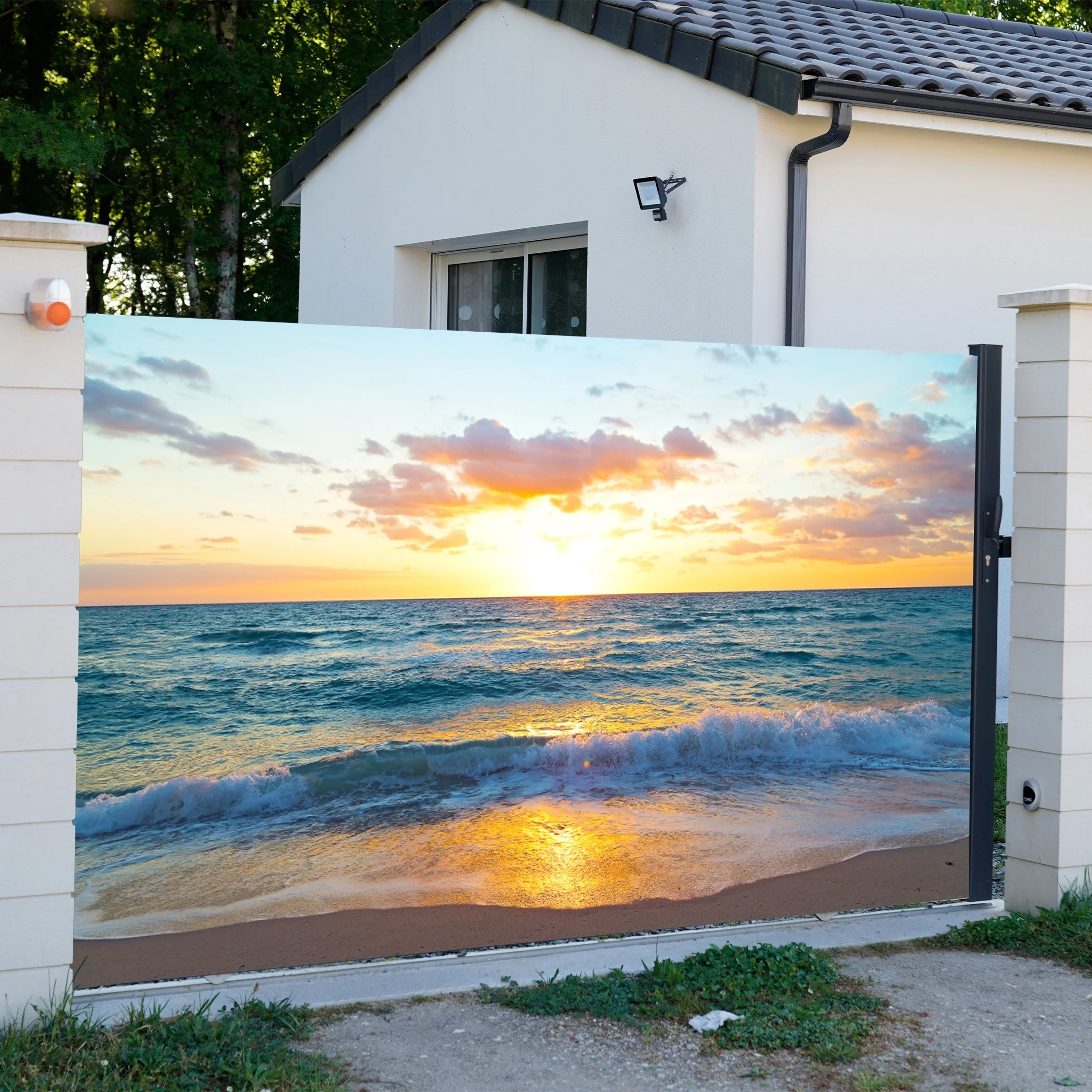 Single-piece Garage Door Tapestry with Seaside Scenery Pattern, All-Polyester Printed Fabric, 18ft*9ft Large Size for Villa, War