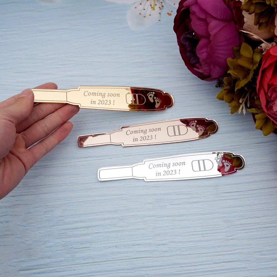 1pcs Custom Acrylic Mirror Pregnancy Test Shape Personalized Welcome Baby Tag Surprise Party Invitation Card