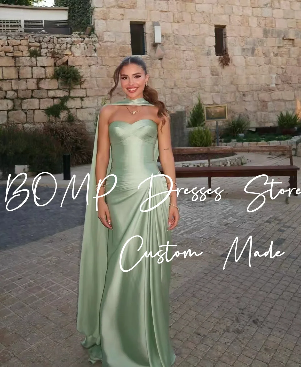 BOMP Abito da sera elegante senza spalline drappeggiato a sirena lunghezza pavimento sciarpa in raso occasione formale abito da festa di nozze personalizzato
