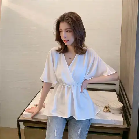 여성용 루즈 셔츠 및 블라우스 러플 의류, 프릴 브이넥 소매, 화이트, 매우 우아하고 시크한 모던 롱 유스 탑