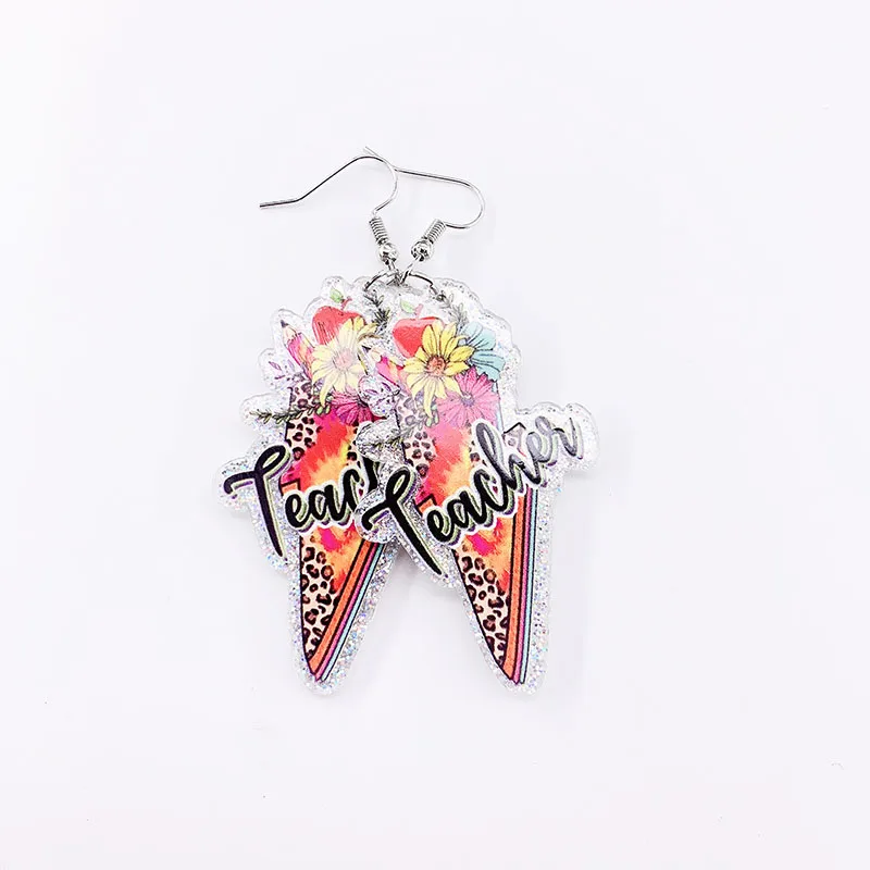 1Pair Glitter Acrylic Pencil Apple Crayon Class Be Kind Drop Earrings For Women Flat Back Epoxy Teacher Charm Ear Rings Jewelry