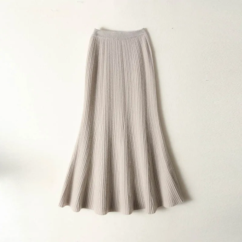 

100% Wool Women's Mermaid Midi Skirt, Solid Color Slim Fit Knitted Wool Long Skirt, Autumn Winter Versatile Elegant Wool Skirt