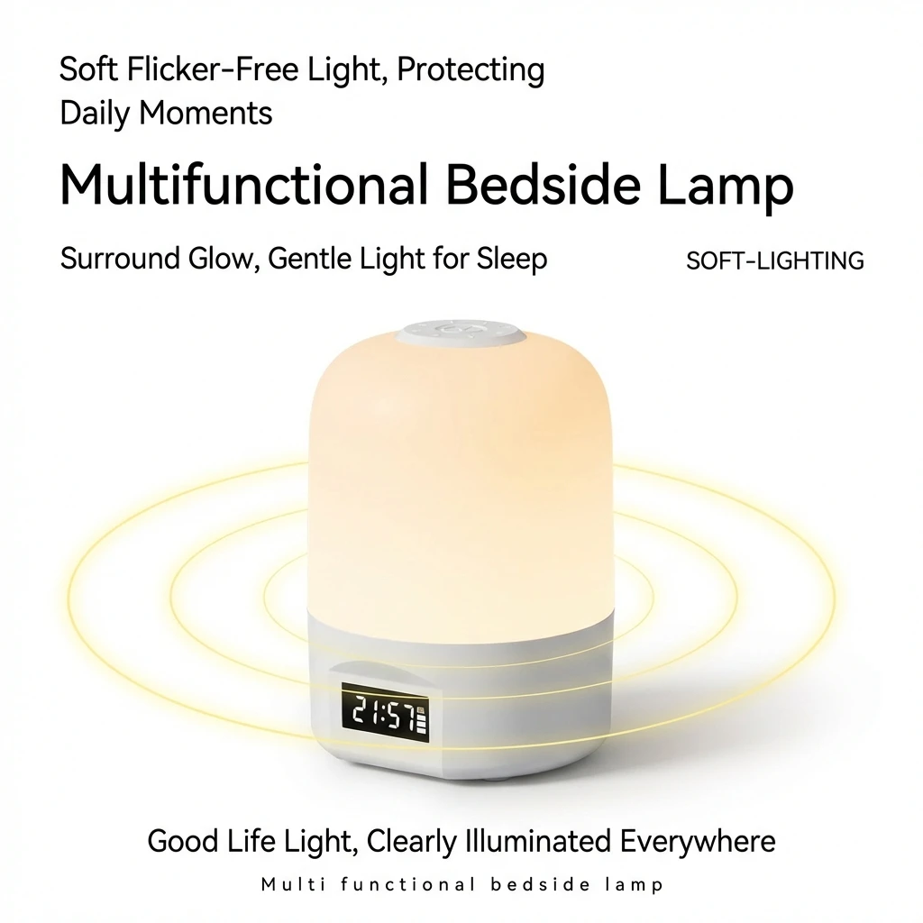 

Многофункциональная светодиодная прикроватная лампа с часами, беспроводной зарядкой, плавной регулировкой яркости, 3 цветовыми температурами, сенсорным и дистанционным управлением