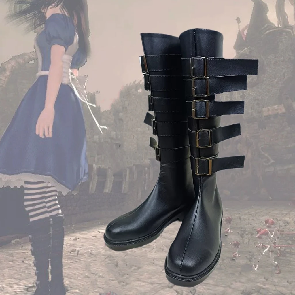 Alice: Madness Returns Alice Cosplay Shoes Boots Halloween Party Anime Black PU Leather Boots