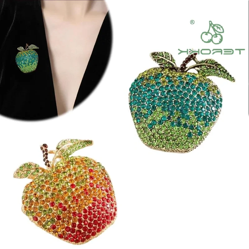 Shining Full Rhinestone Gradient Apple Brooches Christmas Eve Fruit Brooch Pins For Women Clothing Coat Party Accessries Gifts