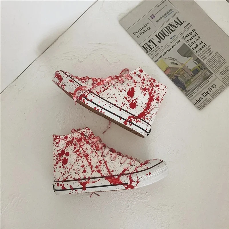 Fake Blood-stained Canvas Shoes for Men 2024 INS Hot Graffiti Blood High-Top Designer Sneakers Boys Student Casual Sport Shoes