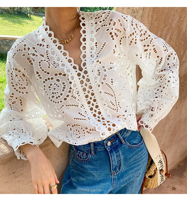 

2024 BOHO INSPIRED blouse white cotton eyelet details women's shirt loose boho style v-neck long sleeve tunic elegant women tops