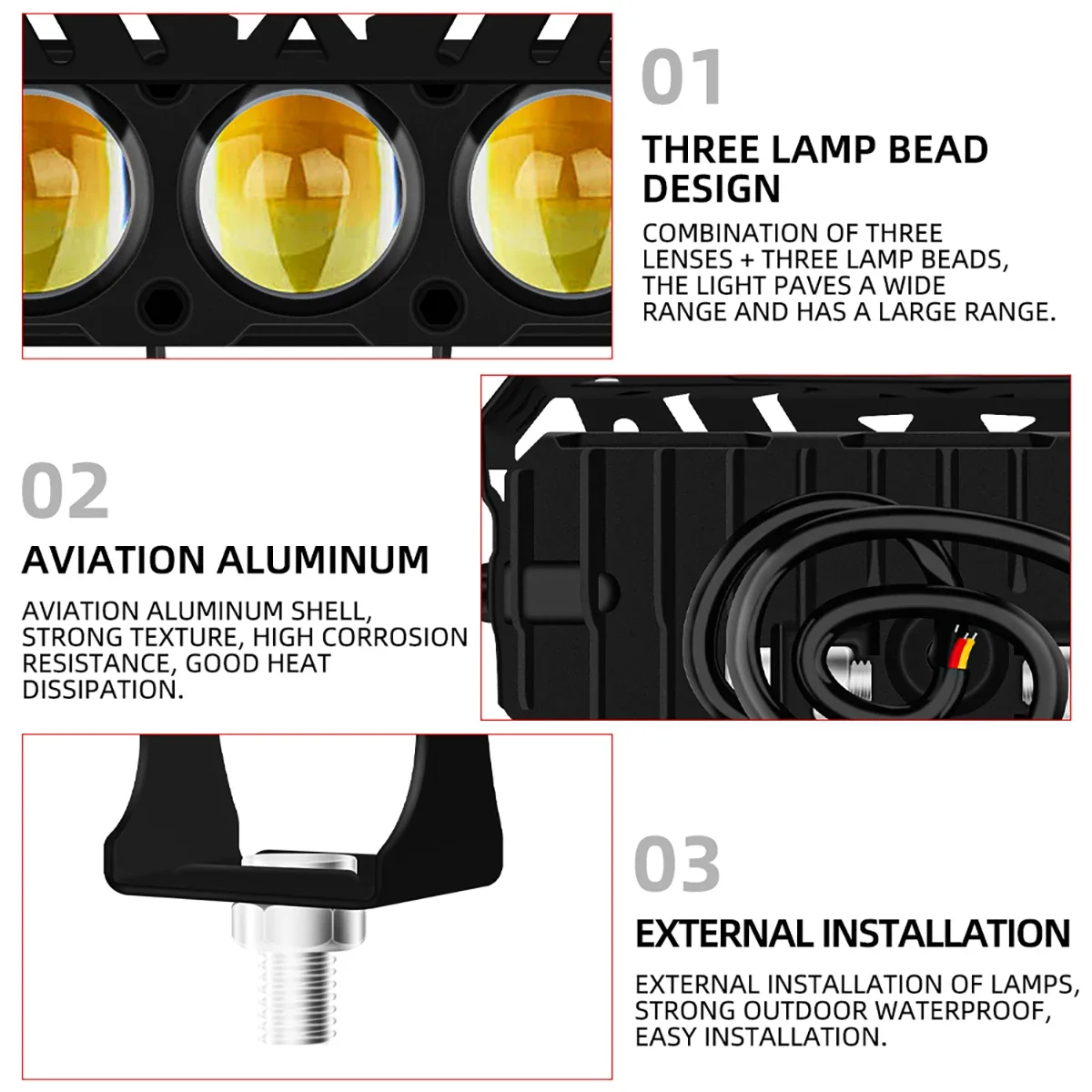 1 SZT. Motocyklowy Reflektor LED z 3 Soczewkami, Super Jasny, Dwukolorowy, Światła Drogowe/Mijania, Światła do Jazdy Dziennej (DRL), Dodatkowa Lampa Przeciwmgielna do Motocykli — zdjęcie 5