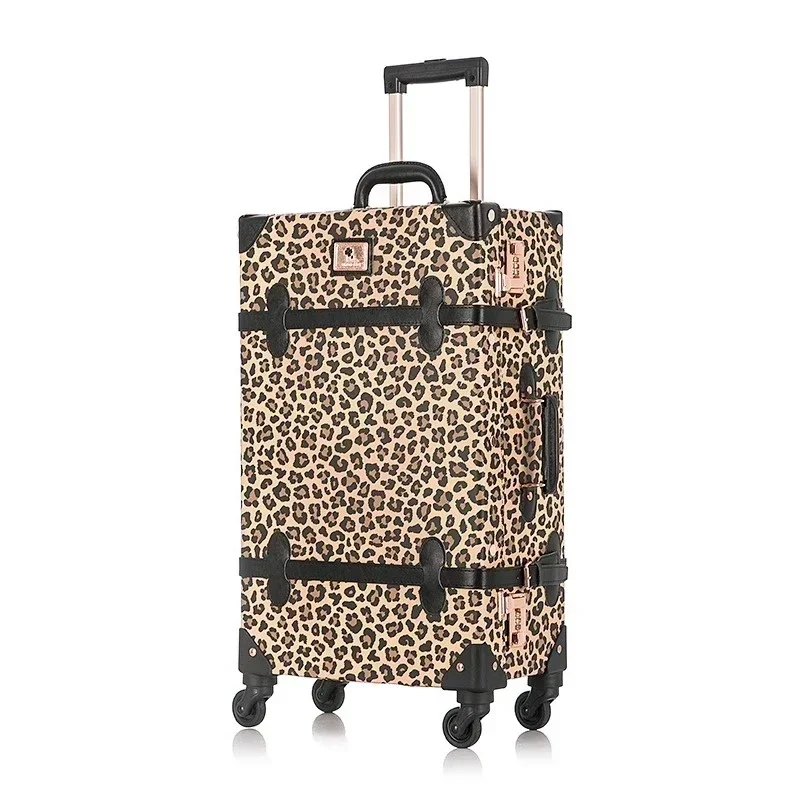 Trendy Retro Luggage Women's Roller Trunk Leopard Print PU Leather Suitcase 20