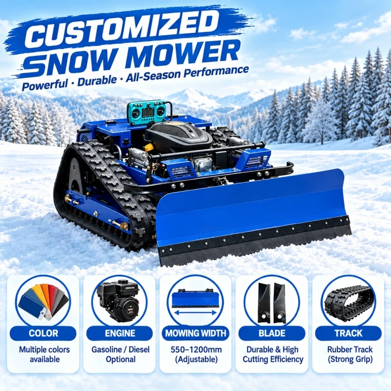 Customized Remote Control Lawn Mower 550mm Cutting Width with Snow Plow for 45° Slopes & Steep Terrain