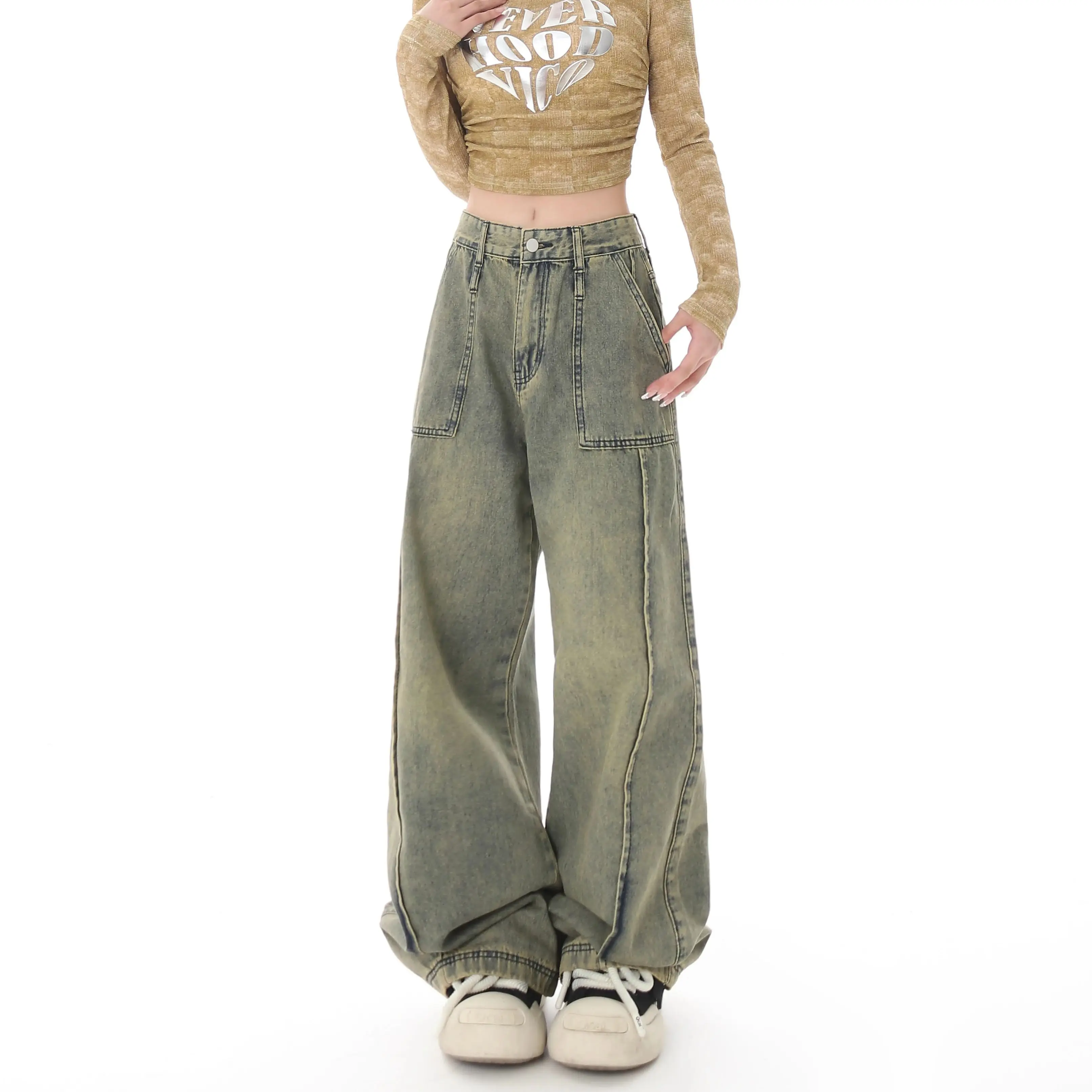 

New Harajuku Streetwear Retro Fashion Autumn Women High Waist Jeans Loose Wide Leg Straight Loose Denim Trousers Y2K Baggy Pants