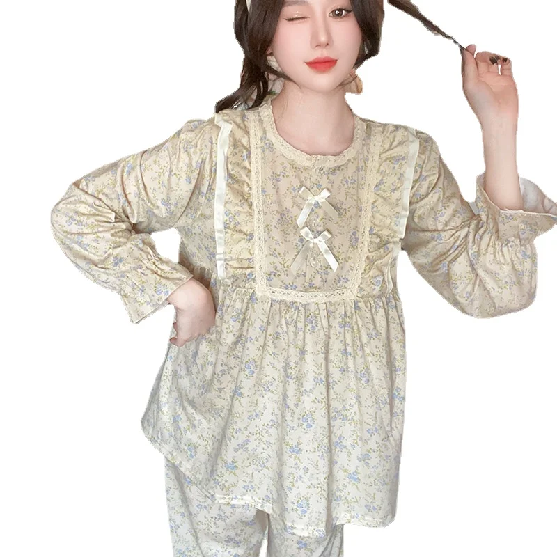 Floral Sleepwear Women Pajama Sets Vintage Piiama Spring Pants Sets 2 Pieces Korean Style Home Suit Bow Long Sleeve Night Wear