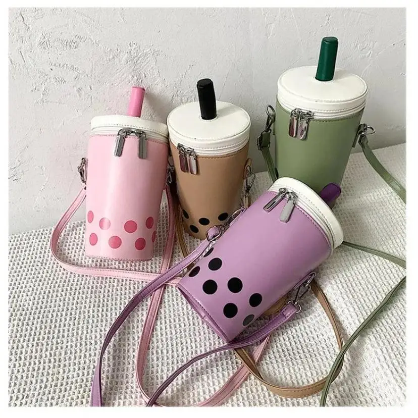 

1 Pcs Korean Cute Cartoon Milk Tea Women Crossbody Bags High Quality Pu Bucket Female Shoulder Luxury Designer Mobile Phone