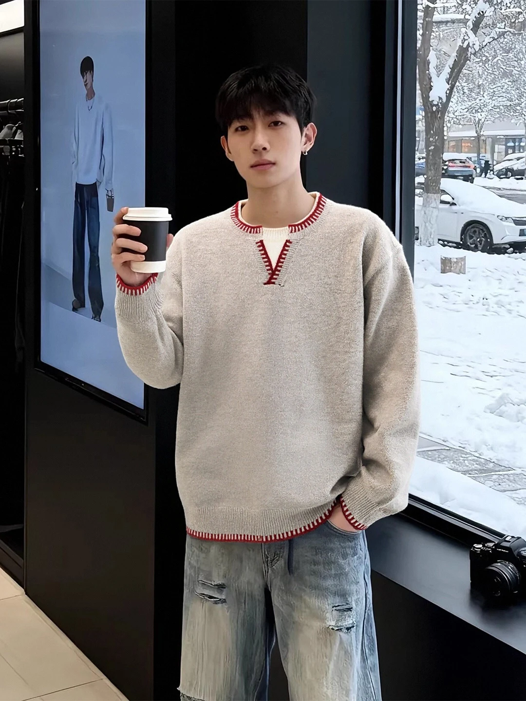 

Omulon Men's V-Ne Knitted Sweater Oaeal Fake Two-Piece Contrast Color Blo American Sle Inner Wear Loose Fit Casual Top